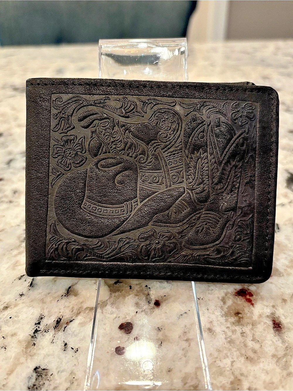 Vintage D.S.A. Genuine Leather Bifold Wallet Black Western Cowboy Tooled Embosse